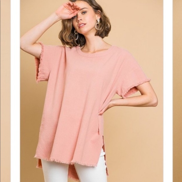 Brennlizzy Tops - Mauve Tunic Short Sleeve Side Slit Frayed Blouse